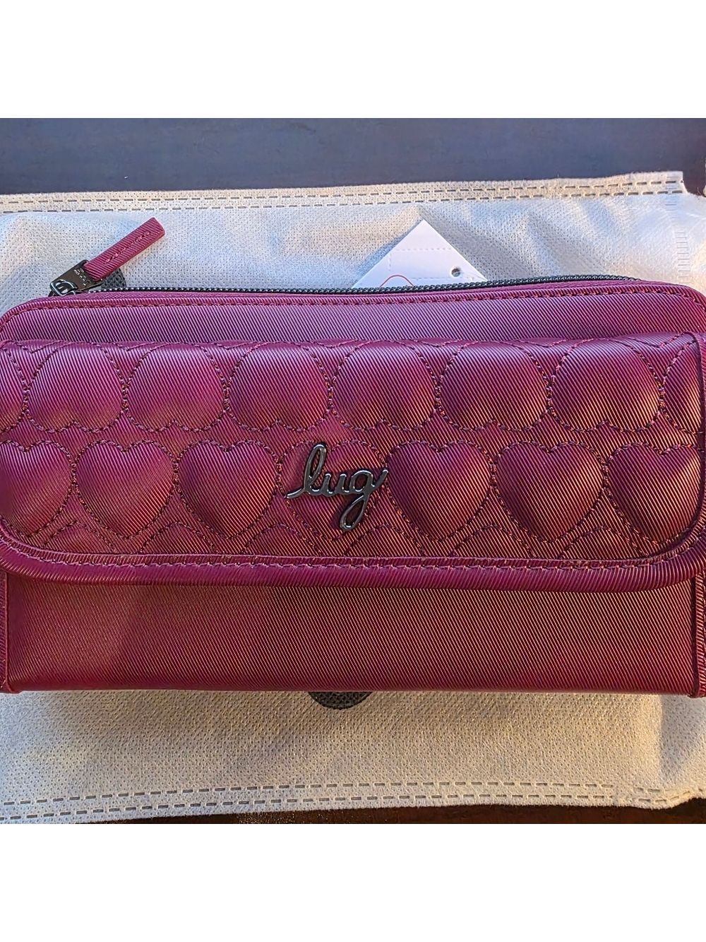 NWT- LUG- SATIN LUXE KICKFLIP SE CROSSBODY WALLET ( Hearts interior)- Raspberry